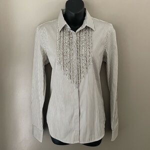Ralph Lauren Olive and White Striped Button Down Ruffled 100% Cotton Shirt Sz L